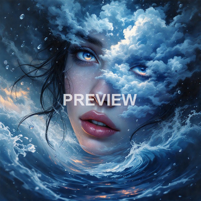 A surreal digital artwork depicting a woman's face integrated with swirling clouds, water, and sky elements, creating a dreamlike scene.